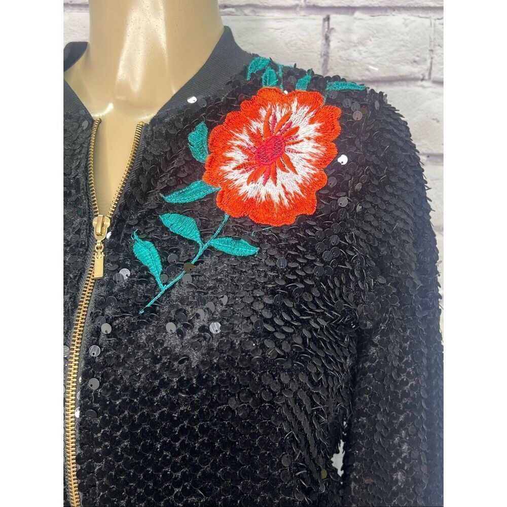 Gianni Bini Monroe Womens Black Sequin Floral Embroidered Zip Bomber Jacket XS - Picture 2 of 7